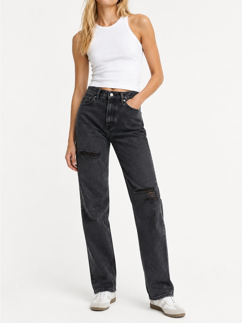 H&M Dark Gray/Black Faded Distressed Straight Jeans 90s